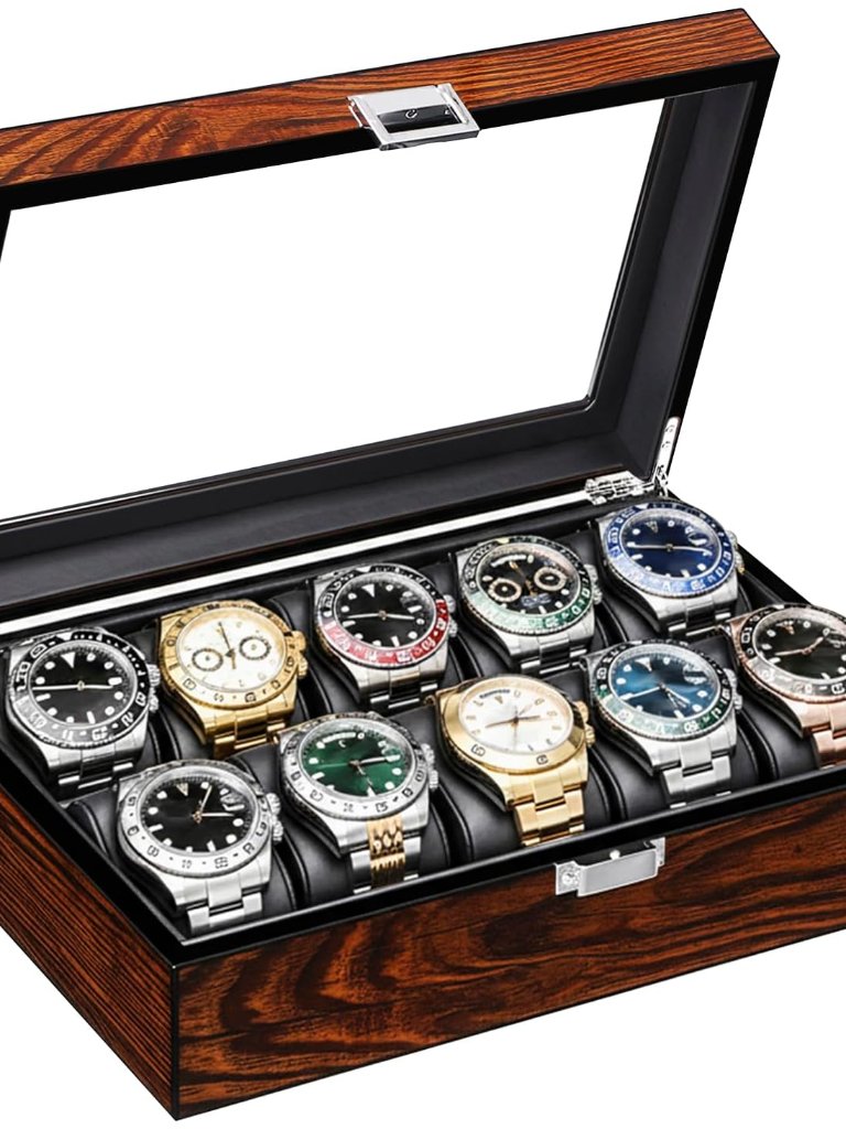 Watch Case 10Slot Watch Box With Large Glass Lid Wooden Watch Box Organizer F